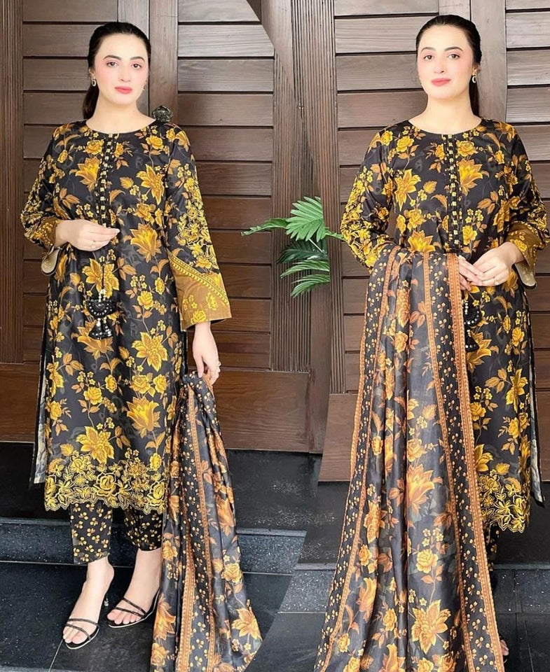 Digital Printed Lawn 3PCS Suit | Women 3D Embroidery Stitched Summer Dress | Girls Lawn Outfit