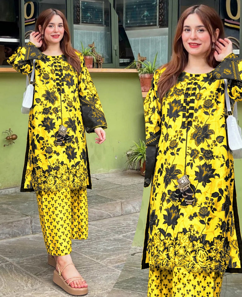 Digital Printed Lawn 3PCS Suit | Women 3D Embroidery Stitched Summer Dress | Girls Lawn Outfit