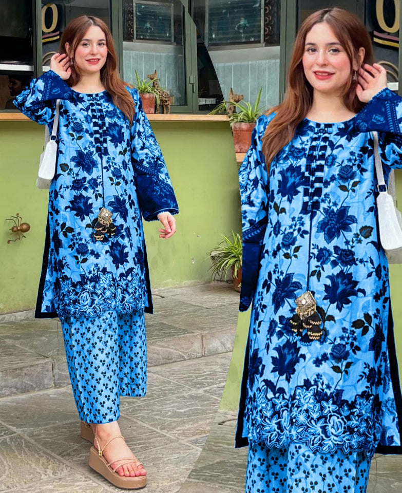 Digital Printed Lawn 3PCS Suit | Women 3D Embroidery Stitched Summer Dress | Girls Lawn Outfit