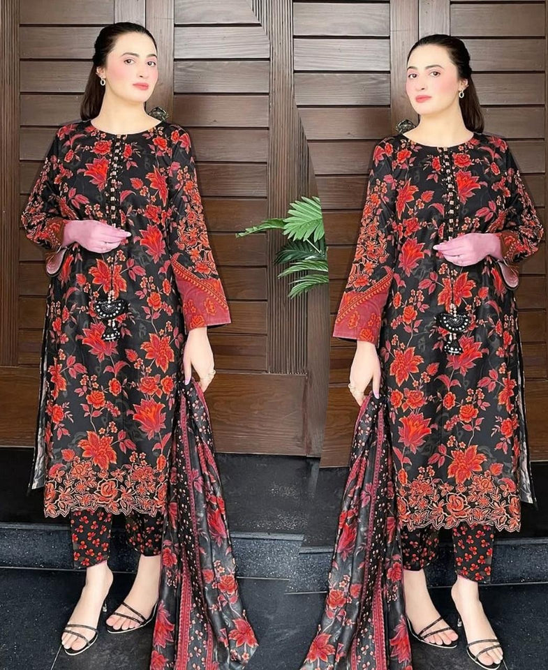 Digital Printed Lawn 3PCS Suit | Women 3D Embroidery Stitched Summer Dress | Girls Lawn Outfit