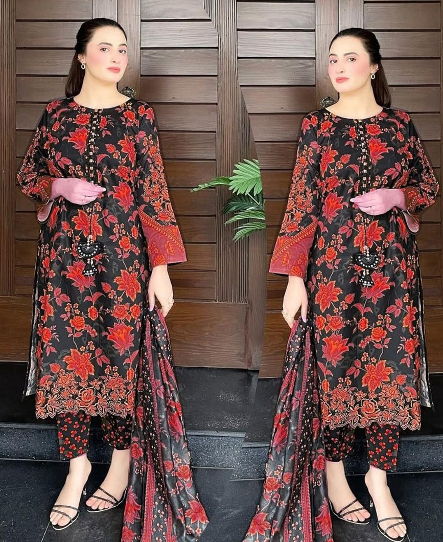 Digital Printed Lawn 3PCS Suit | Women 3D Embroidery Stitched Summer Dress | Girls Lawn Outfit